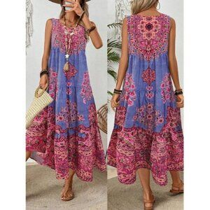 Boho Floral Tribal Print Smock Maxi Dress
